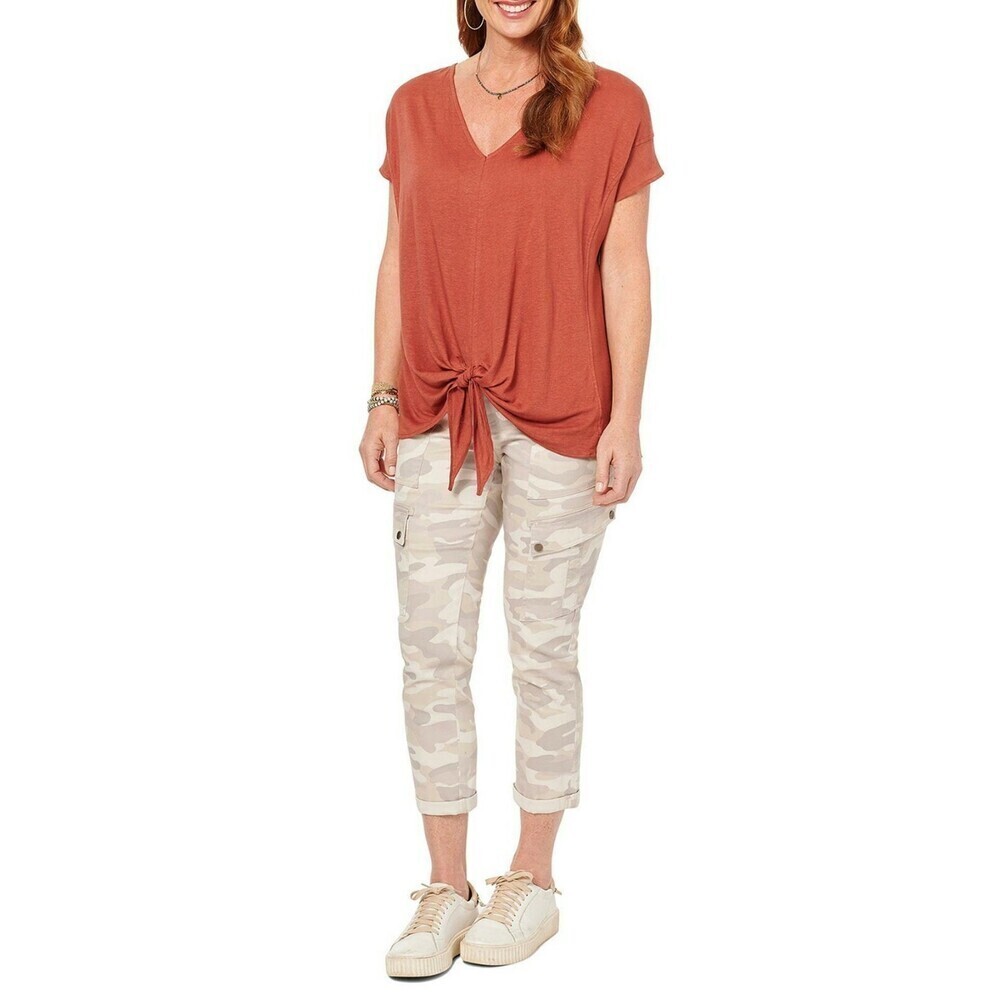 Democracy Woman' V Neck Front Knot Linen Blend T-Shirt Relax Fit In Tando Size M
